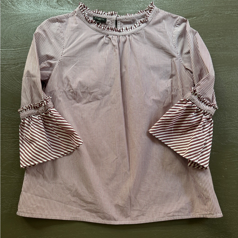 Talbots Petites white and cranberry striped, 3/4 bell sleeve cotton blouse